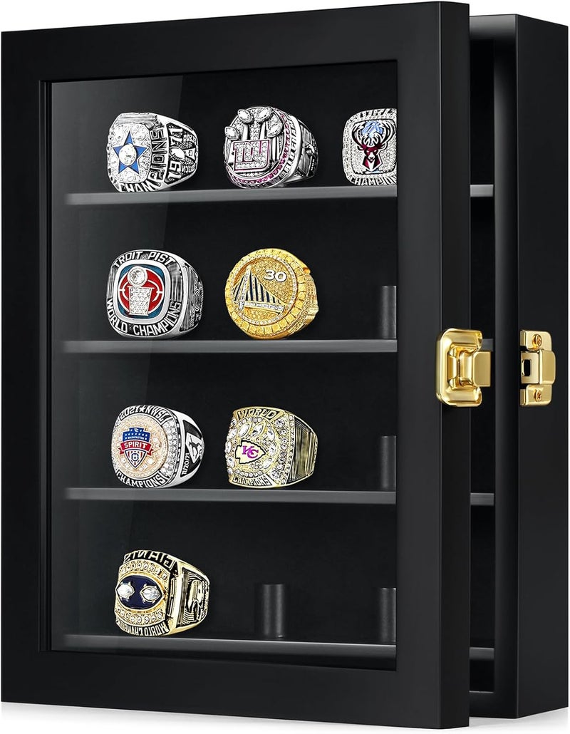 TJMOREE Championship Ring Display Case, 12 Ring Posts Baseball Ring Display Case, 8 x 10 Wall Mount Wooden Glass Shadow Box - Black - Image 1